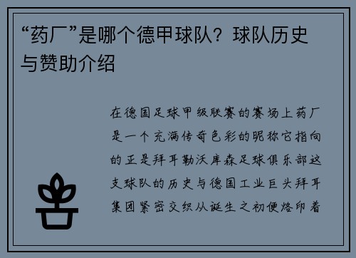 “药厂”是哪个德甲球队？球队历史与赞助介绍